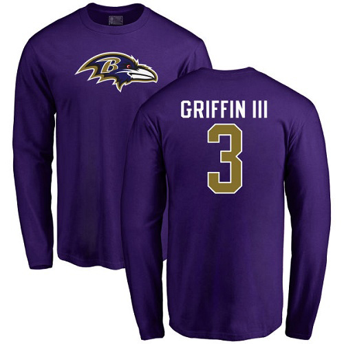 Men Baltimore Ravens Purple Robert Griffin III Name and Number Logo NFL Football #3 Long Sleeve T Shirt